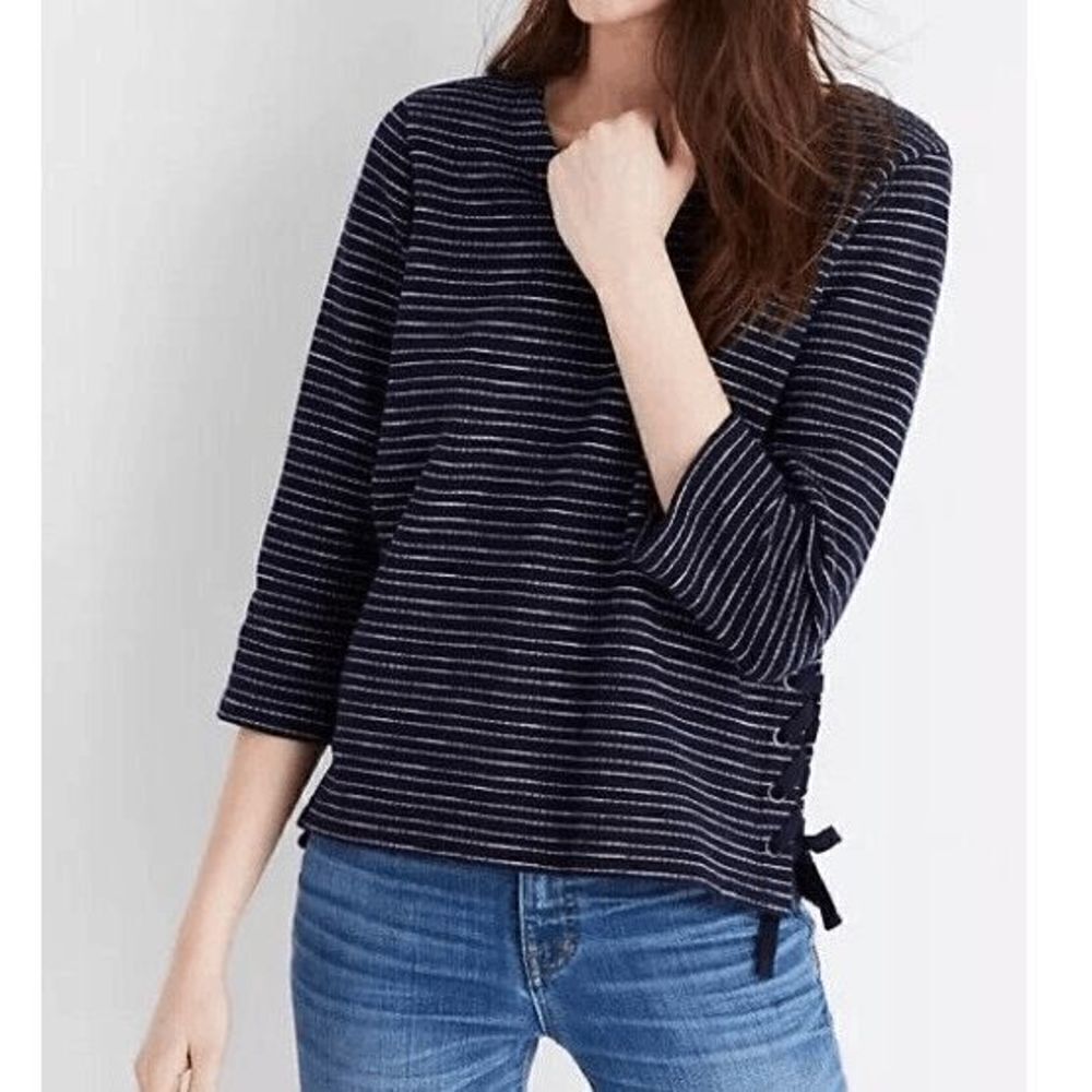 Madewell 100% cotton side-lace up sweater 3/4 sleeve Navy Blue White Stripe, Siz